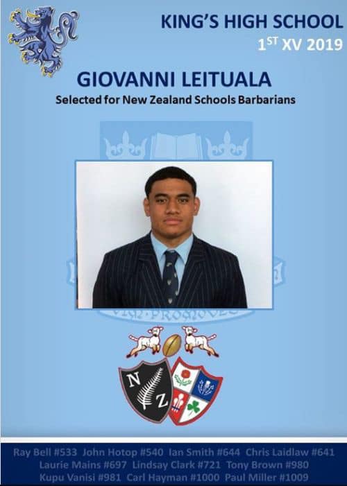 2019 Giovanni Leituala NZ Secondary School Barbarians rugby